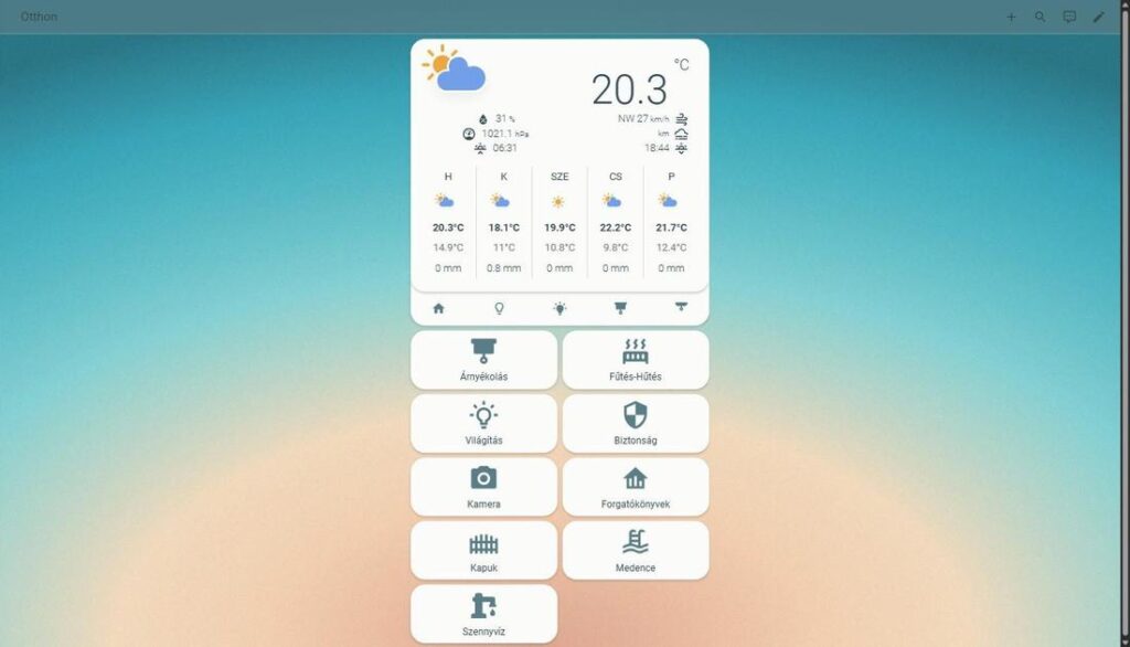 A Yabune Home főképernyője a Home Assistantban: időjárás és a területek csempéi (Árnyékolás, Fűtés-Hűtés, Világítás, Biztonság, Kamera, Forgatókönyvek…)