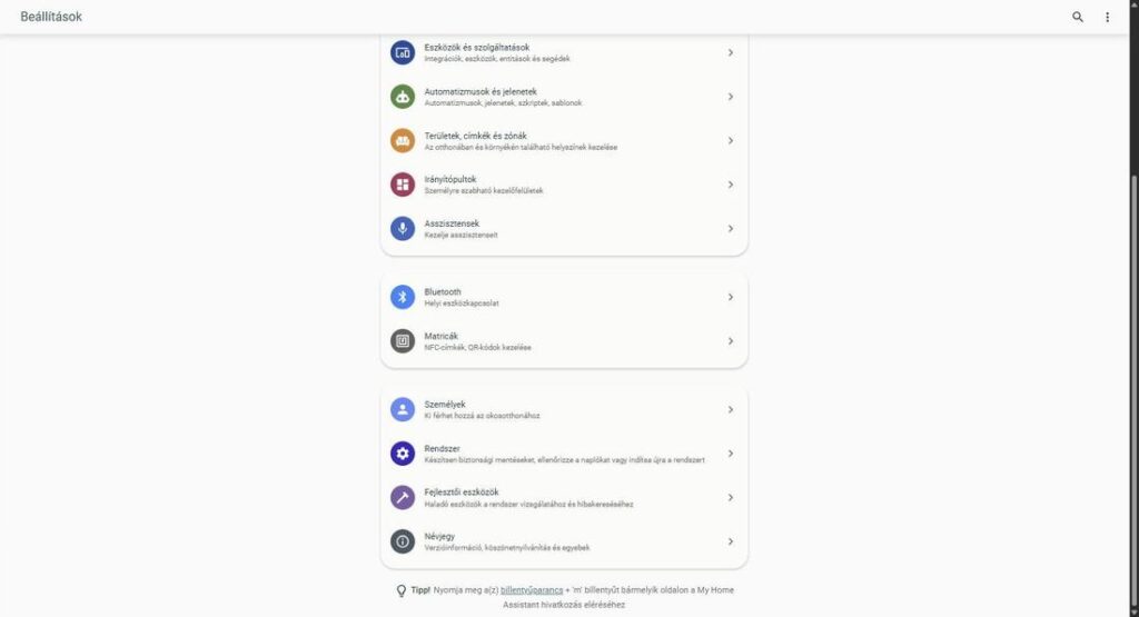 A Home Assistant Beállítások menüje, alul a Személyek menüponttal
