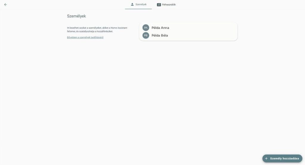 A Személyek oldal a felvett személyek listájával és a Személy hozzáadása gombbal