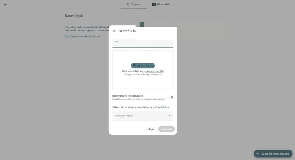 A Személy hozzáadása párbeszédablak: név, kép, „Bejelentkezés engedélyezése” kapcsoló
