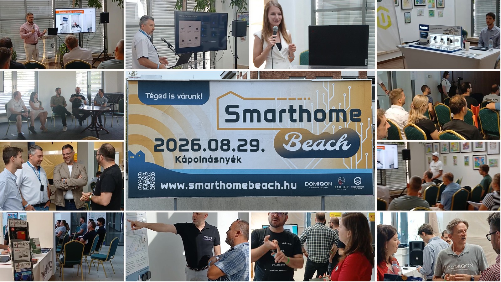 Smarthome Beach 2026 – mozaik a rendezvény pillanataiból, középen a rendezvény óriásplakátja
