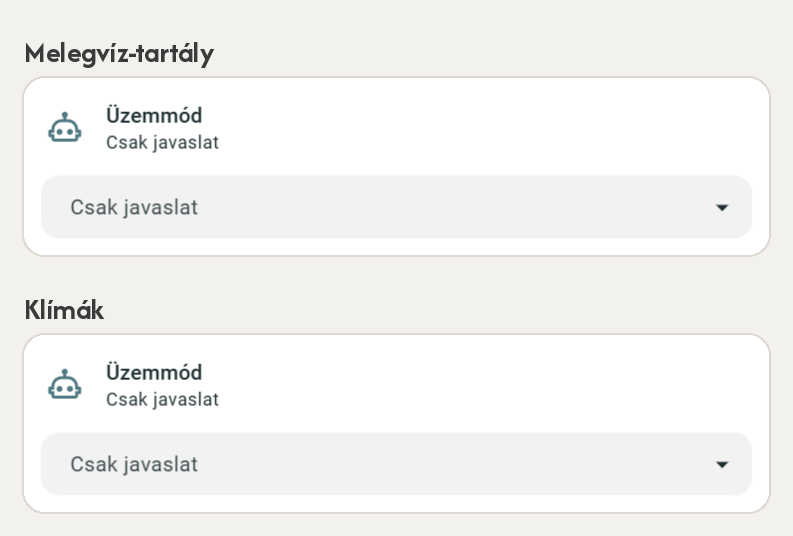 Two Home Assistant cards: mode selectors for the hot water tank and the air conditioners, both set to “Csak javaslat” (Suggest only)